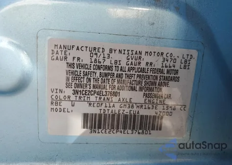 2014 Nissan Versa Note Sv from USA, damaged, VIN 3N1CE2CP4EL376801